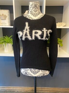 Black Merino/Cashmere Blend Crewneck Sweater with Fuzzy 'PARIS' Script Size S